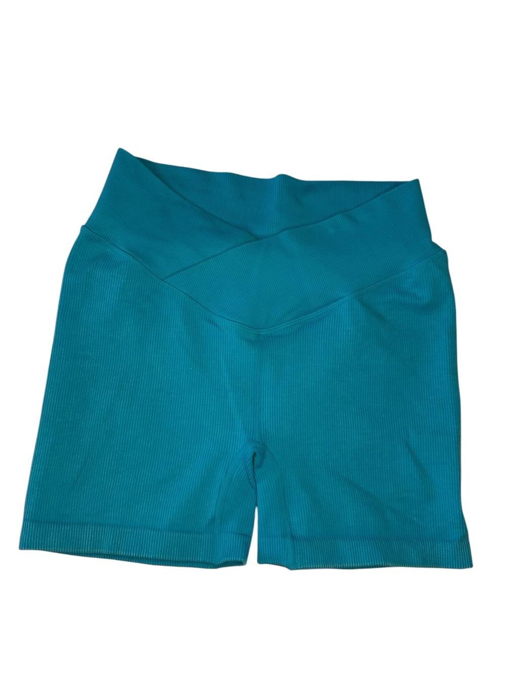 JoyLab Women’s Biker Shorts Small Teal Ribbed Crossover V Waist High Rise Yoga